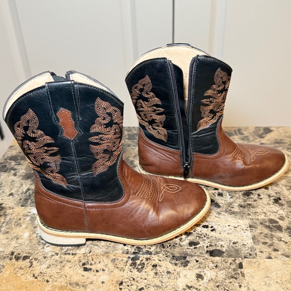 Norty Kids Brown Black Western Cowboy Boots Size 13 Embroidered Side Zip